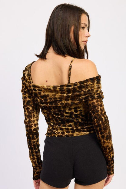 ANIMAL PRINT FLOCKING MESH ASYMMETRICAL BODYSUIT - Bratty Luxe