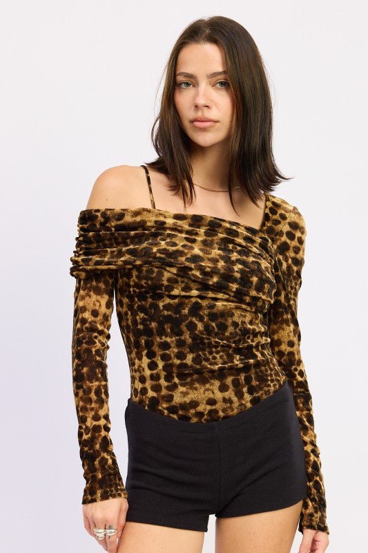 ANIMAL PRINT FLOCKING MESH ASYMMETRICAL BODYSUIT - Bratty Luxe