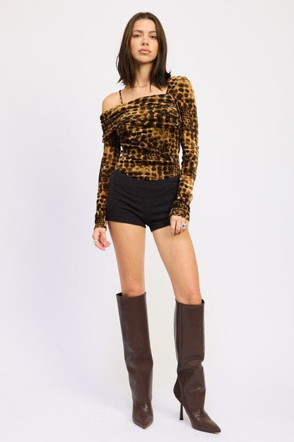ANIMAL PRINT FLOCKING MESH ASYMMETRICAL BODYSUIT - Bratty Luxe