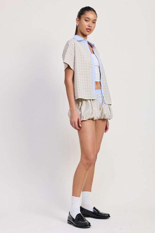 BUBBLE SLEEVE PLAD SHORTS - Bratty Luxe