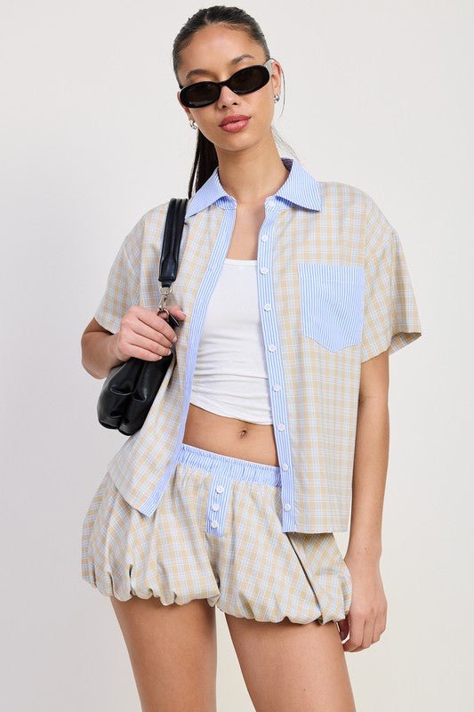 BUBBLE SLEEVE PLAD SHORTS - Bratty Luxe