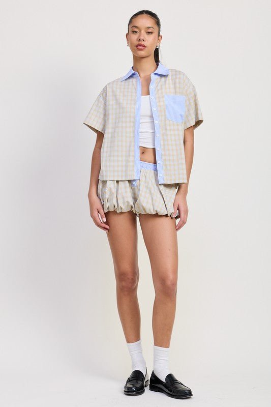 BUBBLE SLEEVE PLAD SHORTS - Bratty Luxe