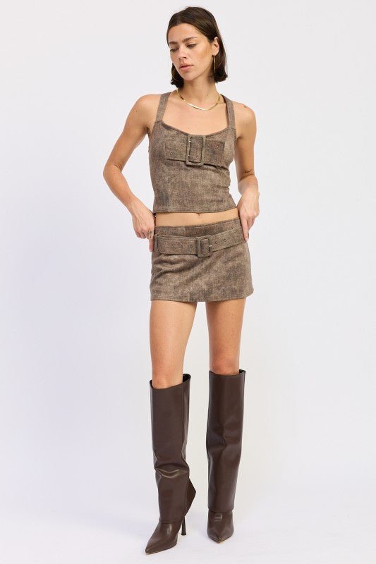 BUSTIER BELTED DENIM CROP TOP WITH BUCKLE DETAIL - Bratty Luxe