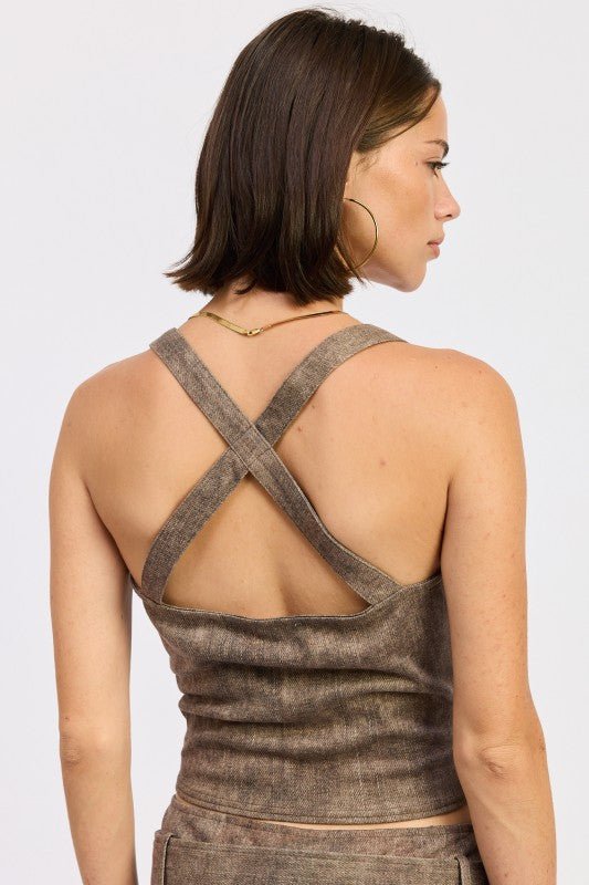 BUSTIER BELTED DENIM CROP TOP WITH BUCKLE DETAIL - Bratty Luxe