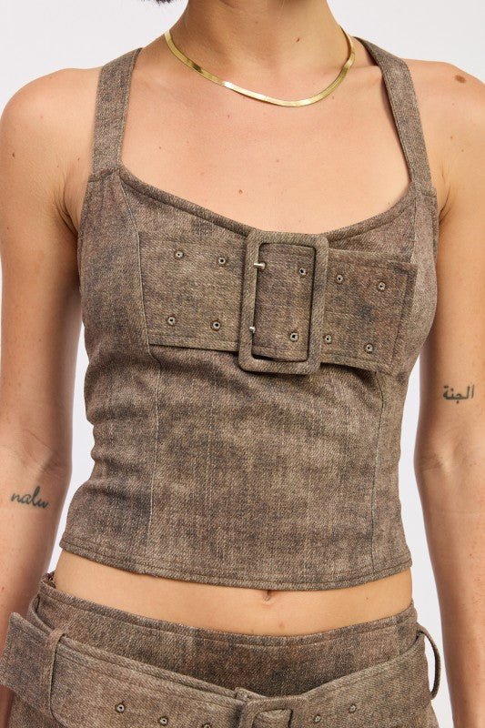 BUSTIER BELTED DENIM CROP TOP WITH BUCKLE DETAIL - Bratty Luxe