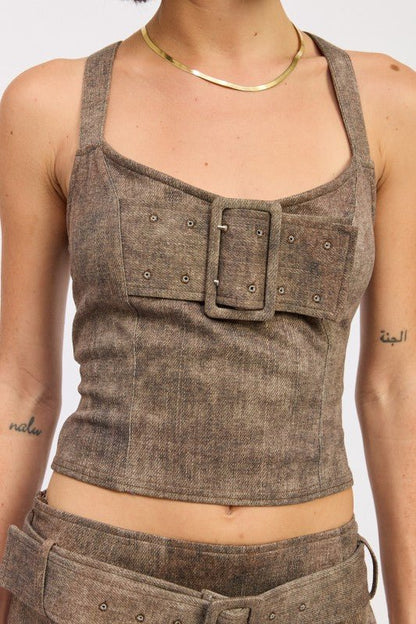 BUSTIER BELTED DENIM CROP TOP WITH BUCKLE DETAIL - Bratty Luxe