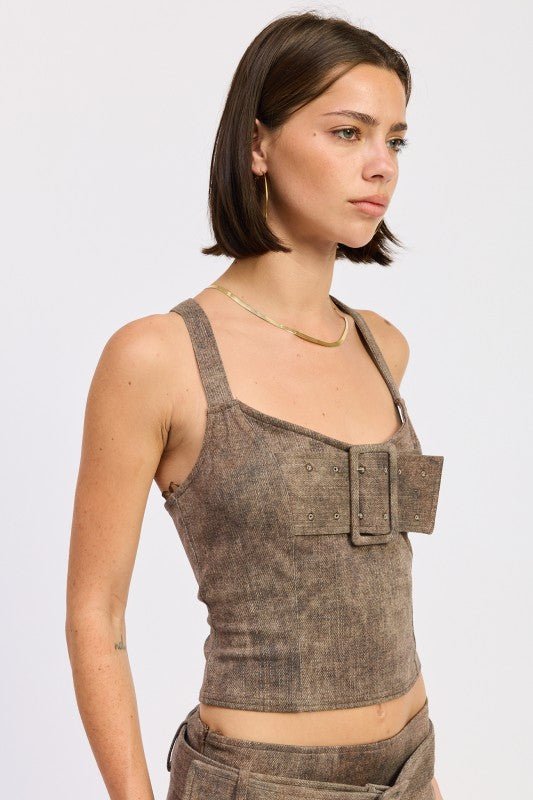 BUSTIER BELTED DENIM CROP TOP WITH BUCKLE DETAIL - Bratty Luxe