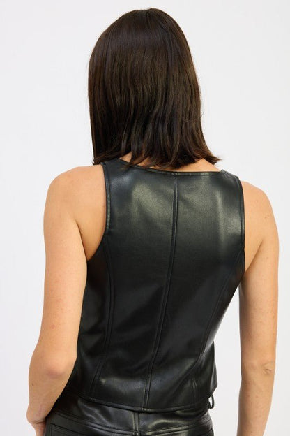 BUTTON UP LEATHER VEST TOP - Bratty Luxe
