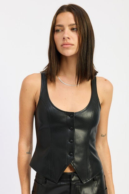 BUTTON UP LEATHER VEST TOP - Bratty Luxe