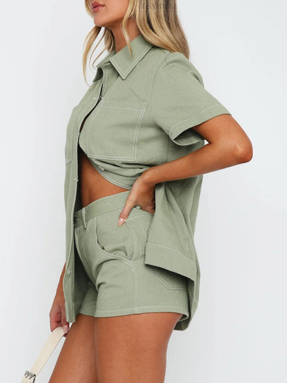Button Up Short Sleeve Top and Shorts Denim Set - Bratty Luxe