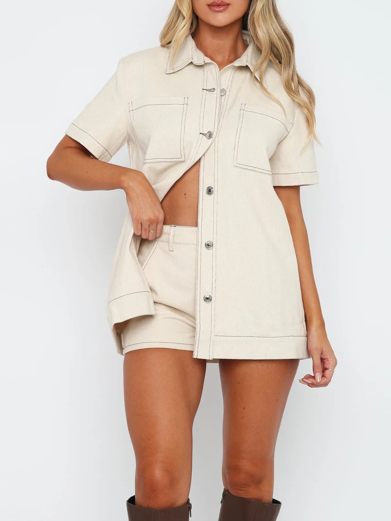 Button Up Short Sleeve Top and Shorts Denim Set - Bratty Luxe