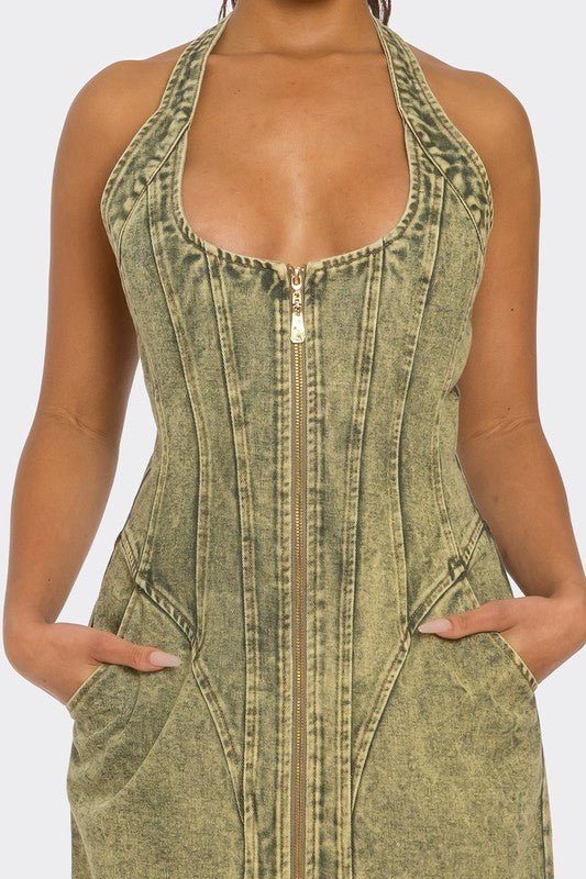 Contour Fit Zip - Front Denim Midi Dress - Bratty Luxe