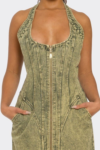 Contour Fit Zip - Front Denim Midi Dress - Bratty Luxe