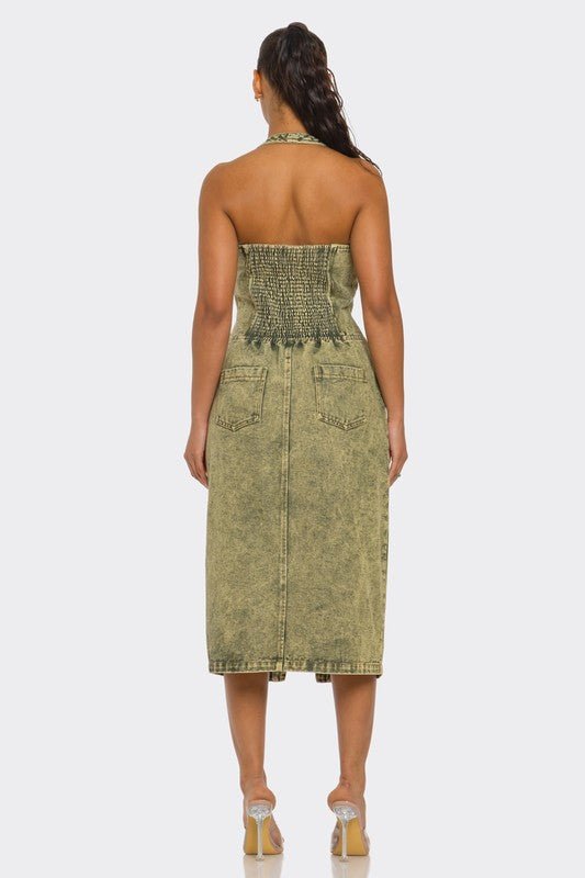 Contour Fit Zip - Front Denim Midi Dress - Bratty Luxe