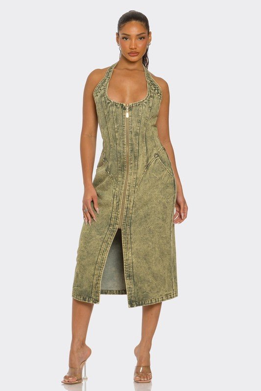 Contour Fit Zip - Front Denim Midi Dress - Bratty Luxe