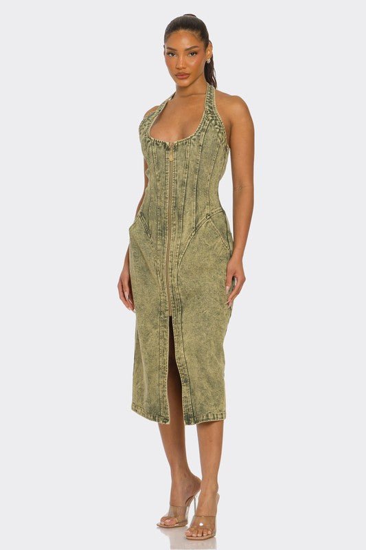 Contour Fit Zip - Front Denim Midi Dress - Bratty Luxe
