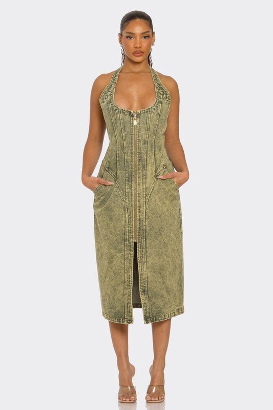 Contour Fit Zip - Front Denim Midi Dress - Bratty Luxe