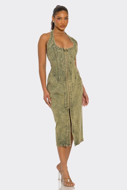 Contour Fit Zip - Front Denim Midi Dress - Bratty Luxe