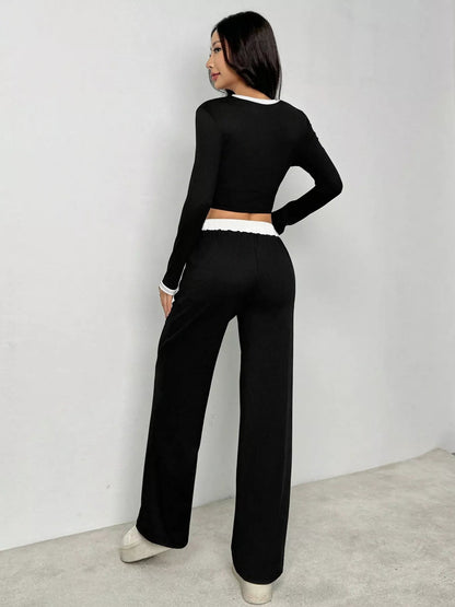 Contrast Trim Crop Top and Wide Leg Pants Set - Bratty Luxe