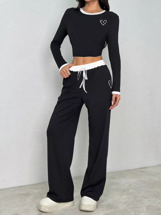 Contrast Trim Crop Top and Wide Leg Pants Set - Bratty Luxe