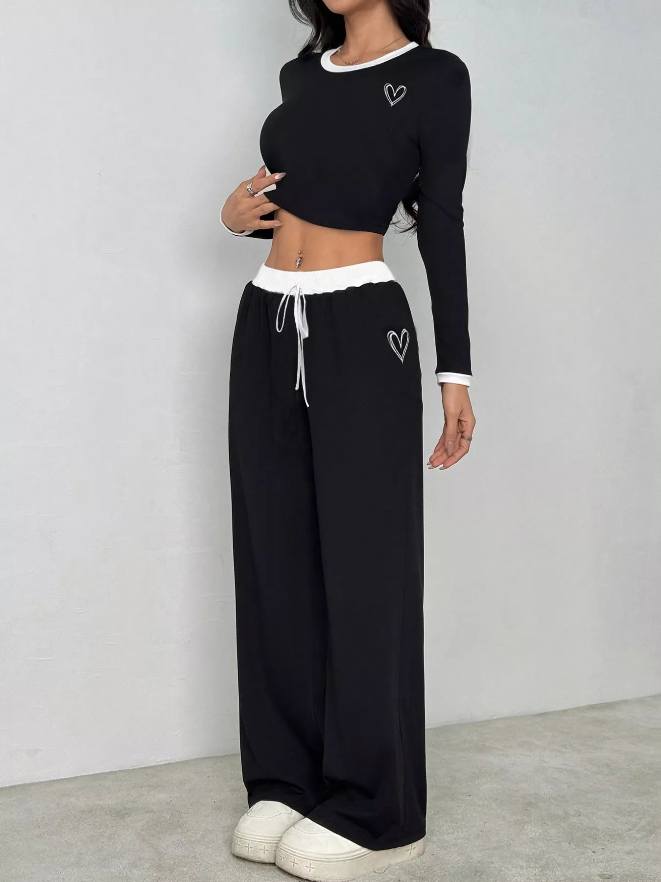 Contrast Trim Crop Top and Wide Leg Pants Set - Bratty Luxe