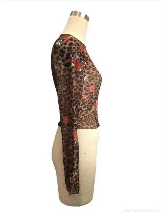 Cropped mesh ruffle hem floral leopard top - Bratty Luxe