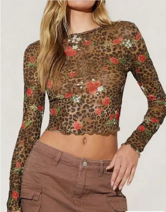 Cropped mesh ruffle hem floral leopard top - Bratty Luxe