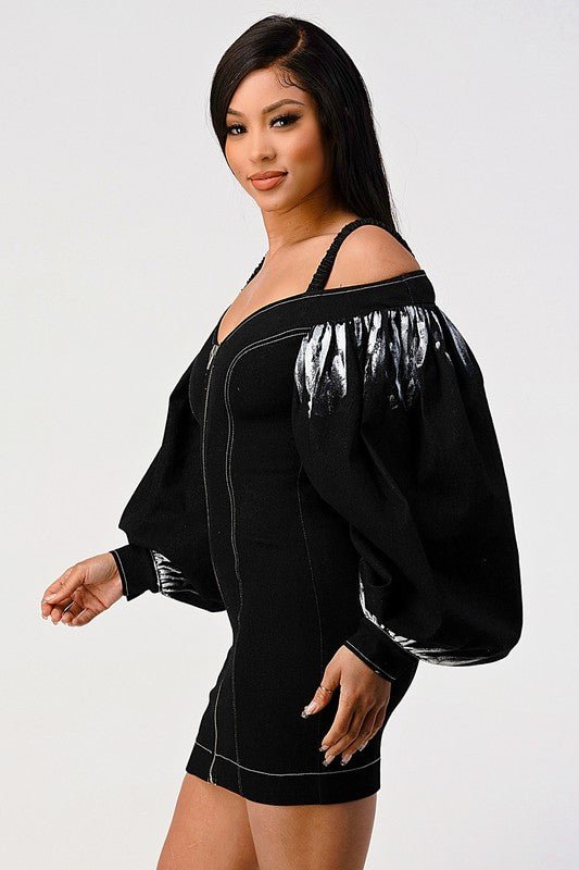 Denim black dye sleeve zip up dress - Bratty Luxe