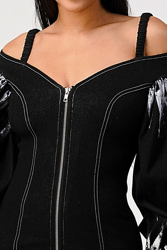 Denim black dye sleeve zip up dress - Bratty Luxe