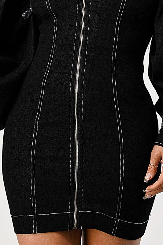 Denim black dye sleeve zip up dress - Bratty Luxe
