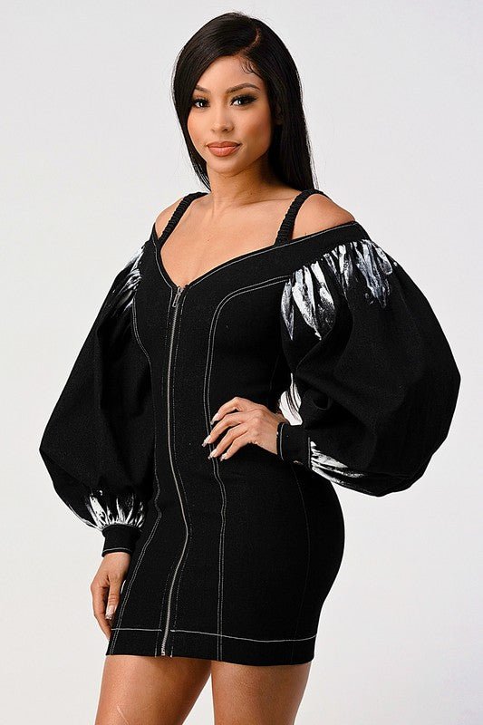 Denim black dye sleeve zip up dress - Bratty Luxe