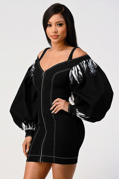 Denim black dye sleeve zip up dress - Bratty Luxe