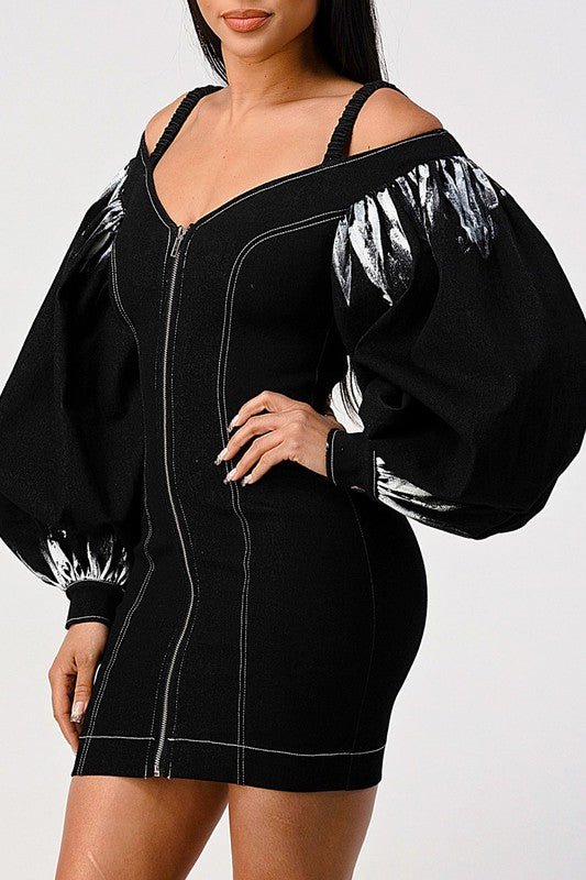 Denim black dye sleeve zip up dress - Bratty Luxe