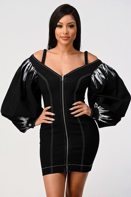 Denim black dye sleeve zip up dress - Bratty Luxe
