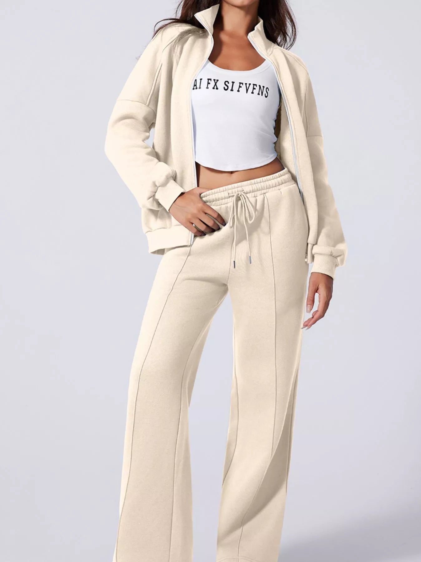 Drop Shoulder Zip Up Jacket and Drawstring Pants Active 2pcs Set - Bratty Luxe