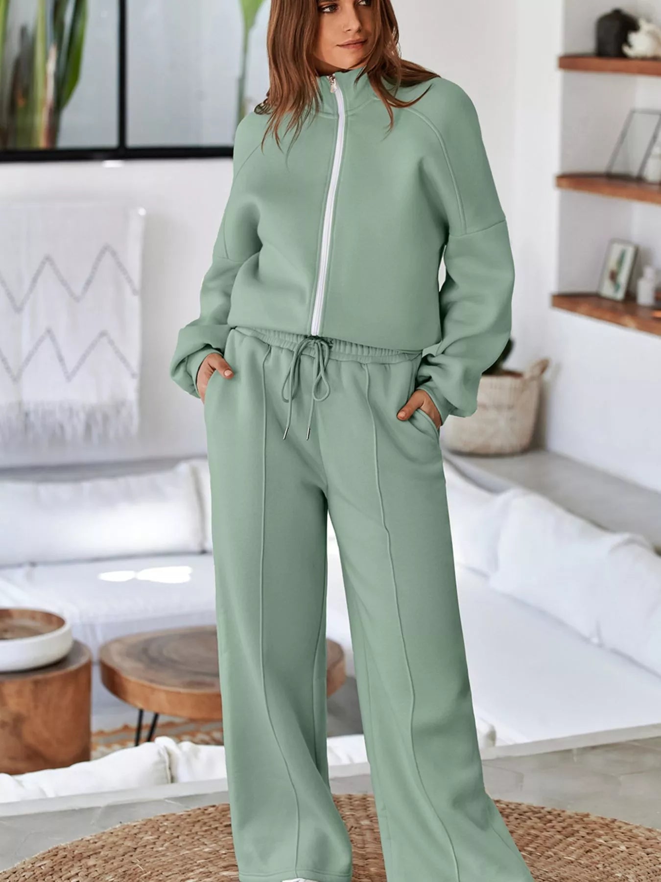 Drop Shoulder Zip Up Jacket and Drawstring Pants Active 2pcs Set - Bratty Luxe
