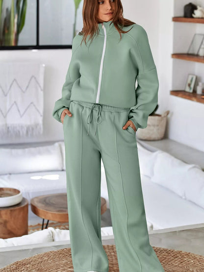Drop Shoulder Zip Up Jacket and Drawstring Pants Active 2pcs Set - Bratty Luxe