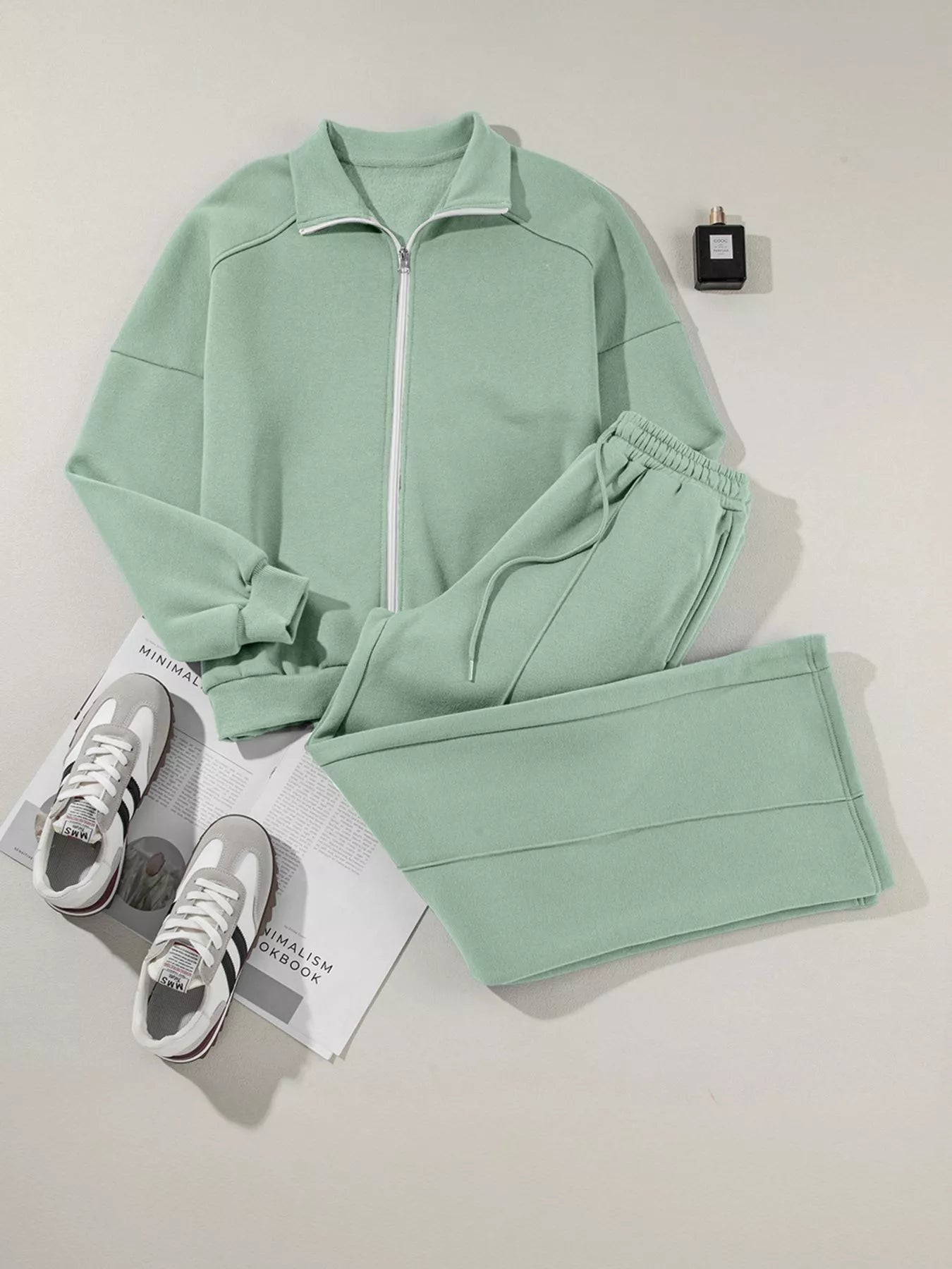 Drop Shoulder Zip Up Jacket and Drawstring Pants Active 2pcs Set - Bratty Luxe