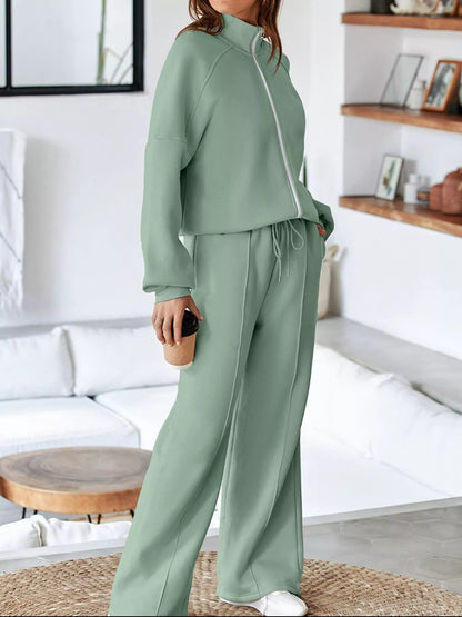 Drop Shoulder Zip Up Jacket and Drawstring Pants Active 2pcs Set - Bratty Luxe