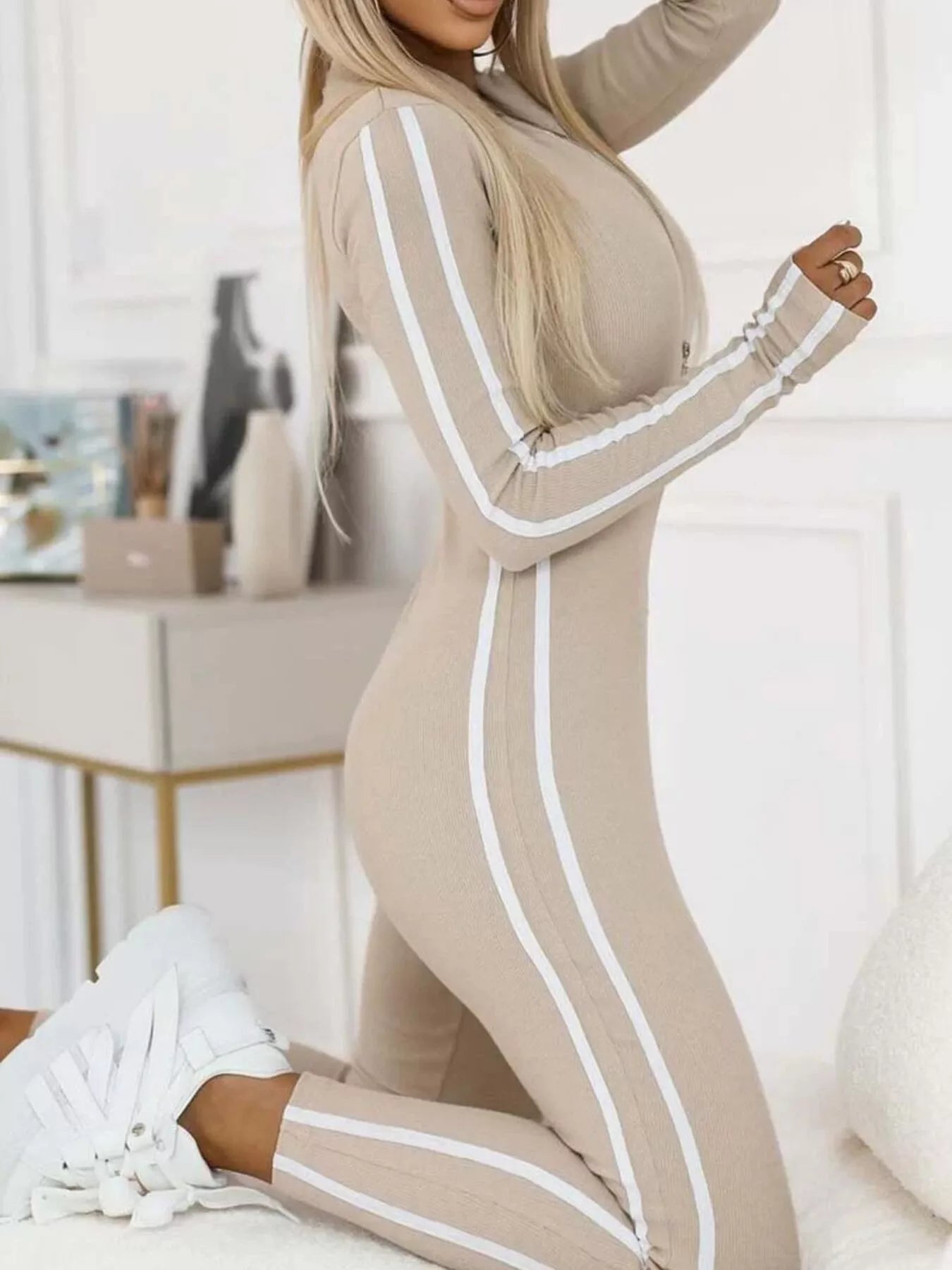 Full Size Stripe Zip - Front Long Sleeve Jumpsuit Plus Size - Bratty Luxe