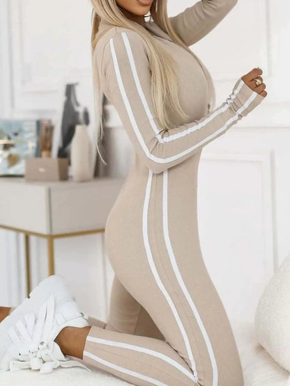 Full Size Stripe Zip - Front Long Sleeve Jumpsuit Plus Size - Bratty Luxe