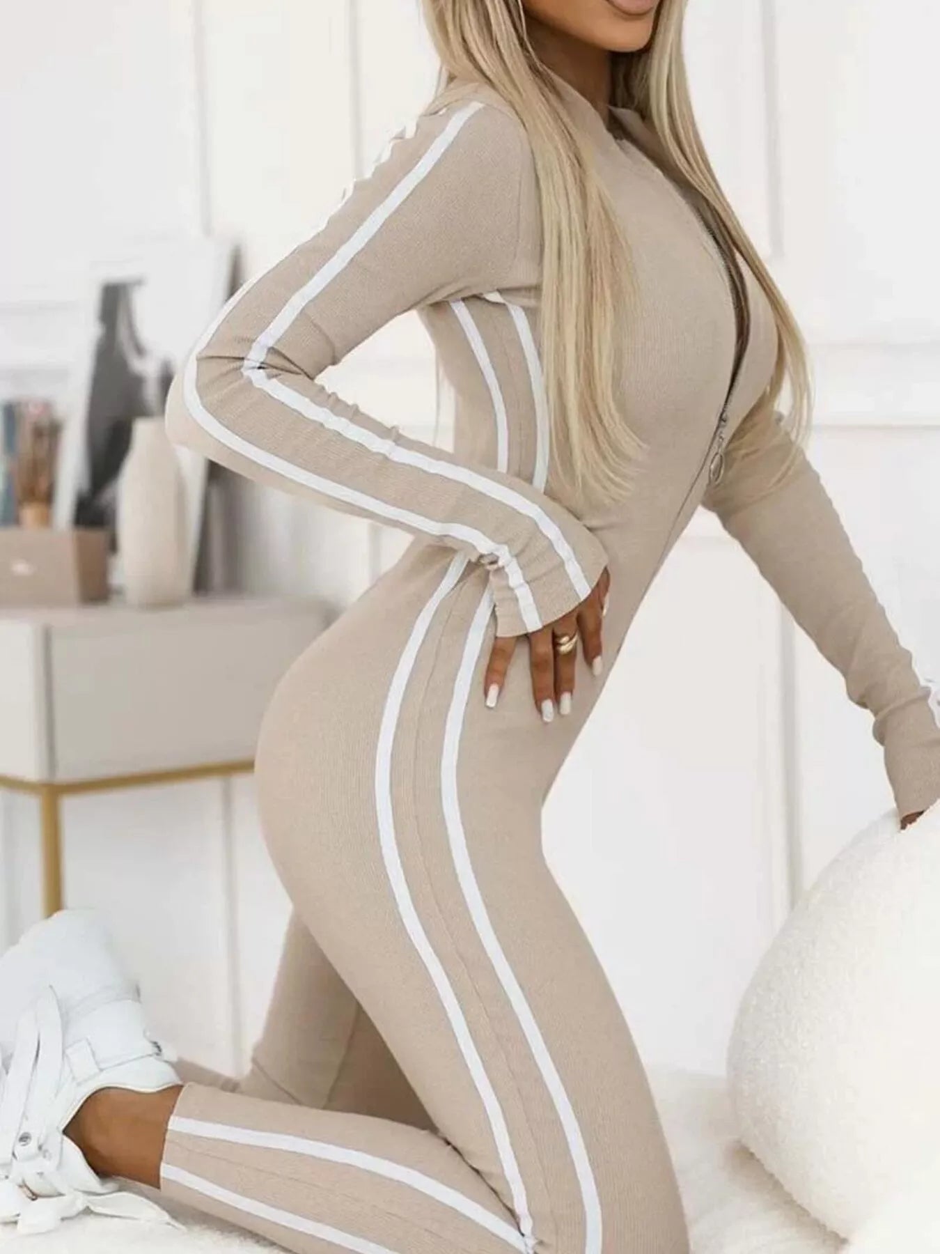Full Size Stripe Zip - Front Long Sleeve Jumpsuit Plus Size - Bratty Luxe