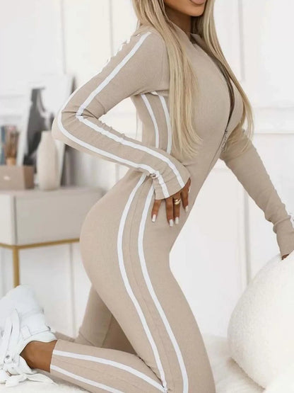 Full Size Stripe Zip - Front Long Sleeve Jumpsuit Plus Size - Bratty Luxe