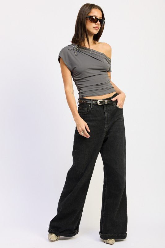 GROMMET BELTED ASYMMETRICAL TOP - Bratty Luxe
