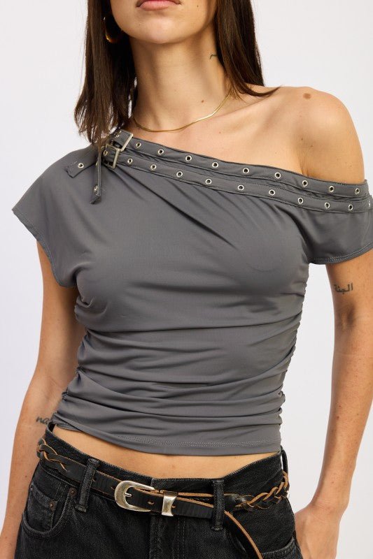 GROMMET BELTED ASYMMETRICAL TOP - Bratty Luxe