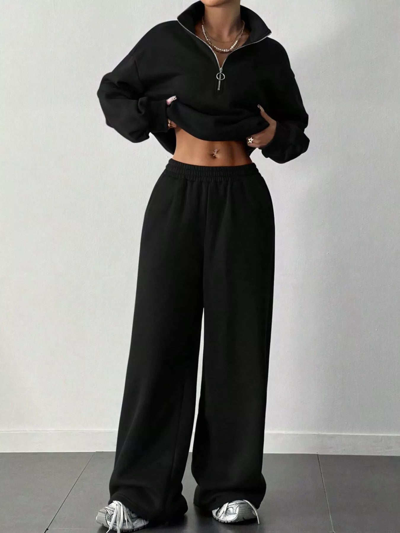 Half - Zip Long Sleeve Sweatshirt and Pants Set - Bratty Luxe