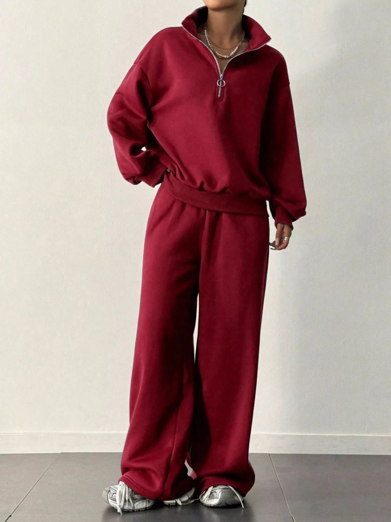 Half - Zip Long Sleeve Sweatshirt and Pants Set - Bratty Luxe