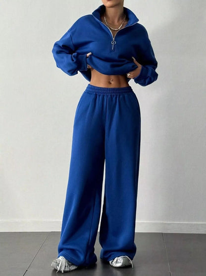 Half - Zip Long Sleeve Sweatshirt and Pants Set - Bratty Luxe