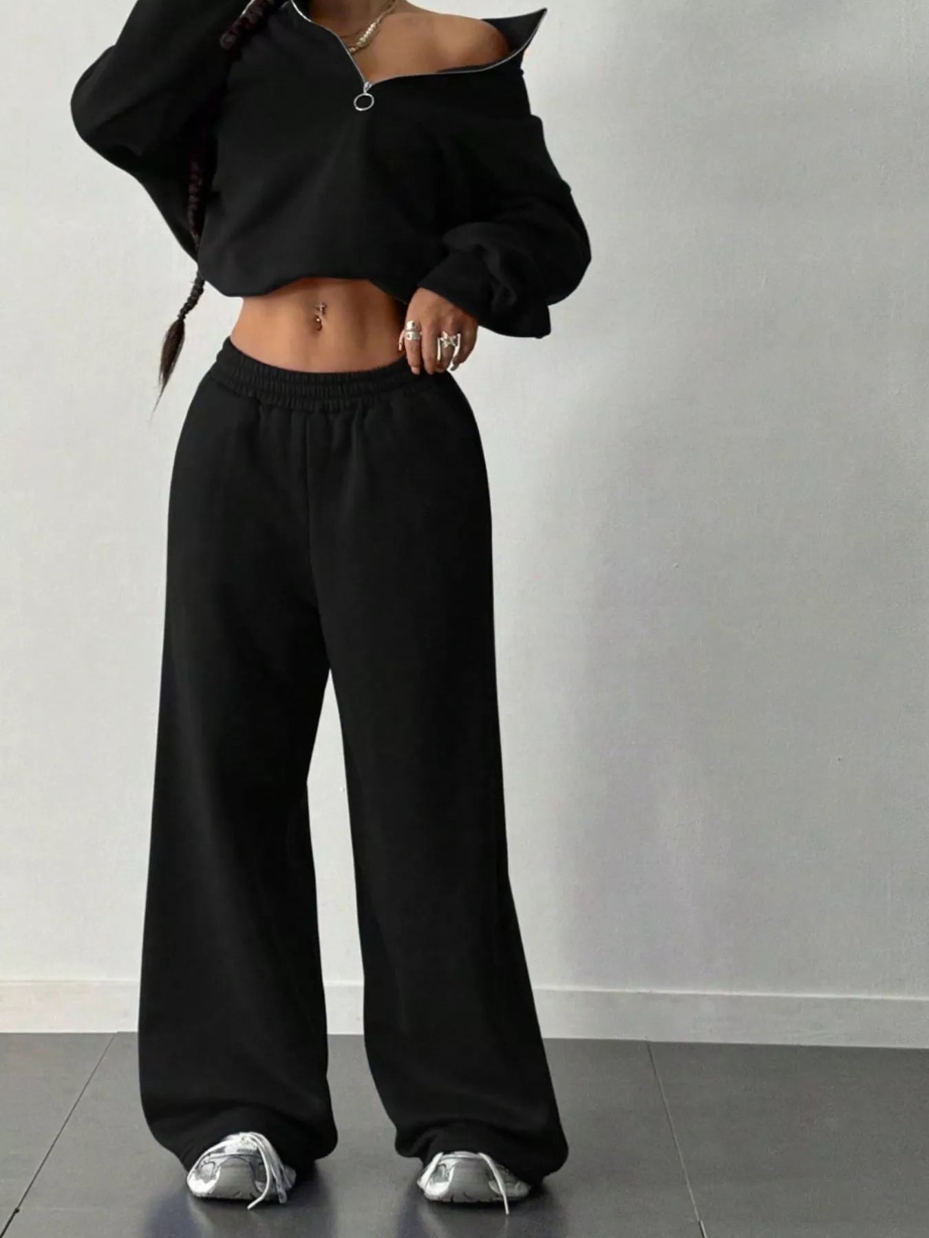 Half - Zip Long Sleeve Sweatshirt and Pants Set - Bratty Luxe