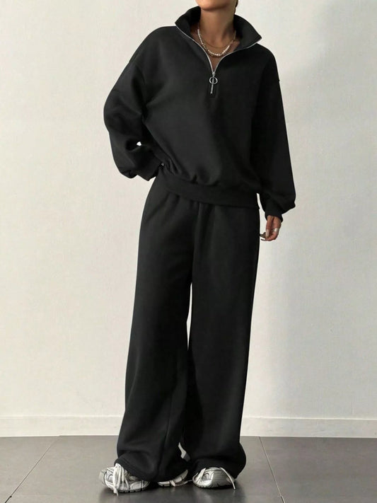 Half - Zip Long Sleeve Sweatshirt and Pants Set - Bratty Luxe